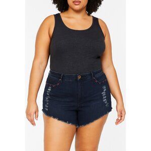 Denim Cutoff Embroidered Shorts Blue Size 18 Up-Cycled Roses Festival Summer